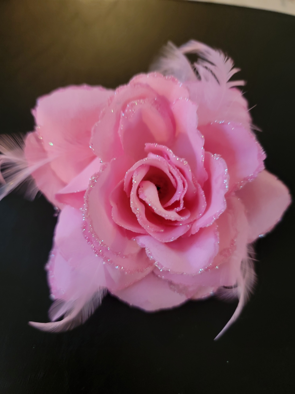 Pink Floral Hair Pony Tail Flower with Feather Accents